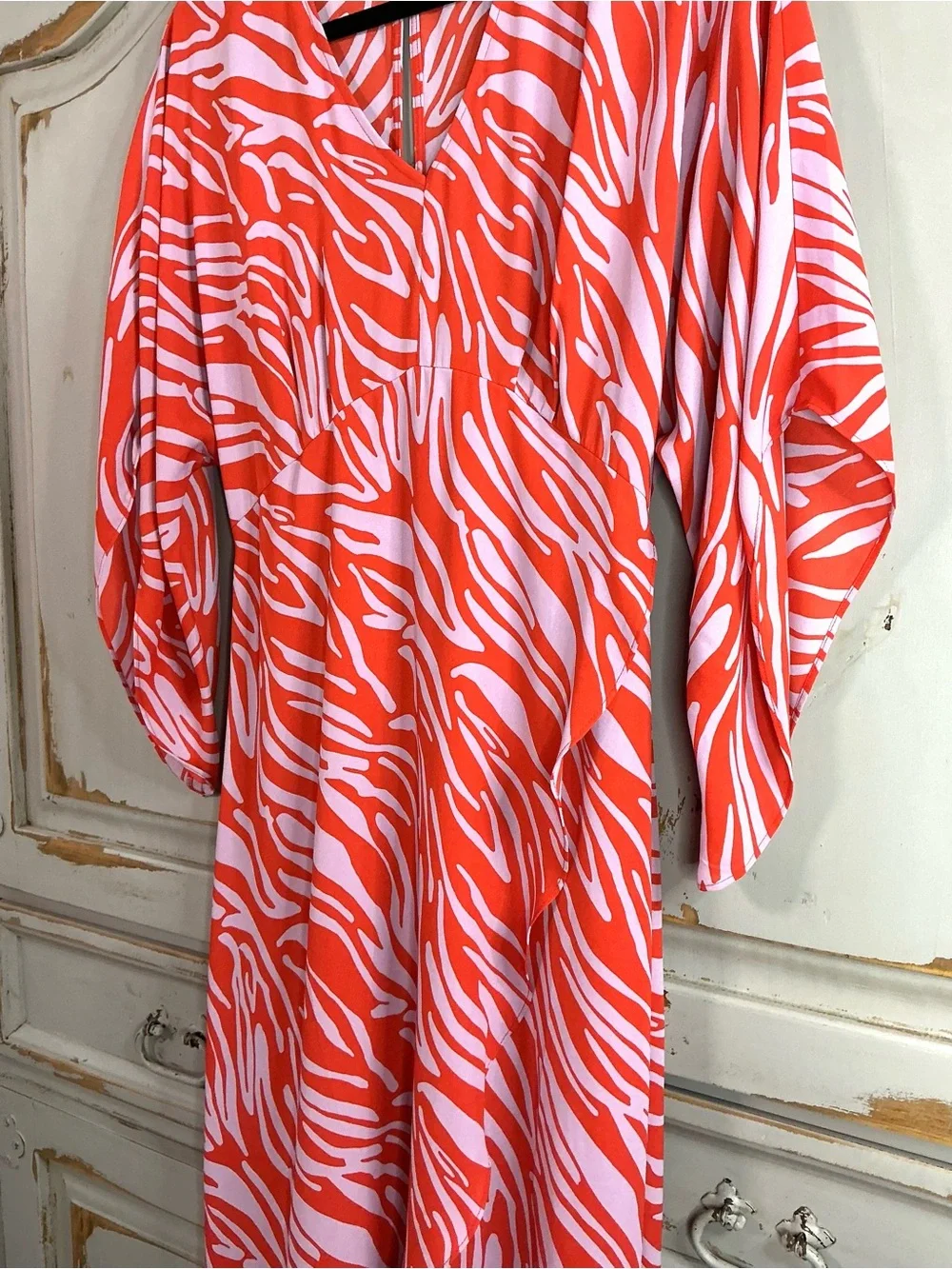 CAbi | Saunter Coral and Lavender Wrap Style Zebra Print Midi Dress Size Small